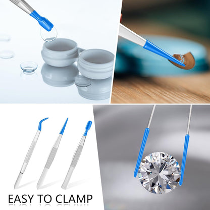 Honoson 3 Pieces Rubber Tipped Tweezers for Crafting Set - PVC Coated Flat, Straight & Bent Tips Stamps, Beads, Jewelry(Blue)