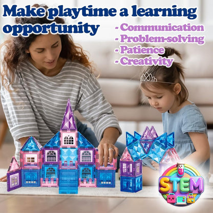 Little Pi 104pcs Frozen Princess Castle Magnetic Tiles Building Blocks - 3D Diamond Blocks, STEM Educational Toddler Toys for Pretend Play, 4 Year Old Girl Birthday Gifts Kids Ages 3 5 6 7 8 - Pink