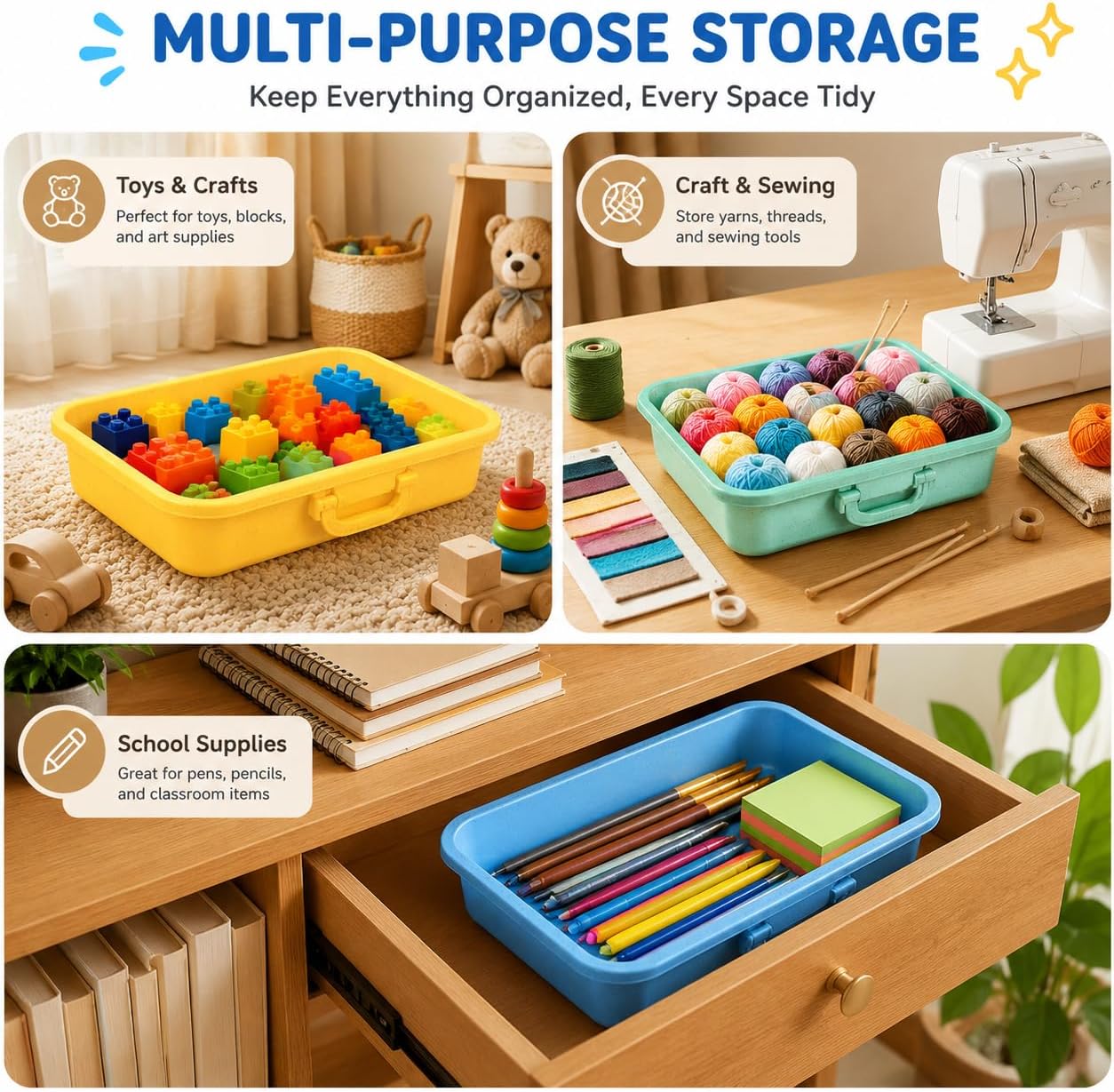 Carolart 3 Pack, Empty Sensory Bin, Wheat Straw Material，13.5 Inch Storage Container, Portable Plastic Storage Bins, Stackable Play Tray for toys,arts,crafts and sand.