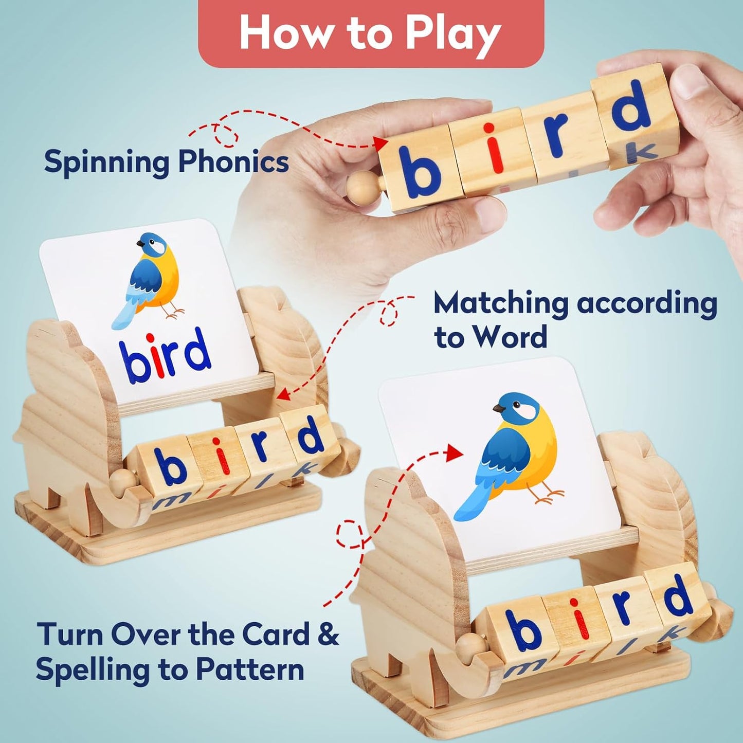 ShyLizard Montessori Learning and Educational Toys Gifts for Kids 3 4 5 Years, Wooden Reading Blocks Toys, Learning Activities for Preschool Kindergarten, Turning Rotating Matching Flash Card Games