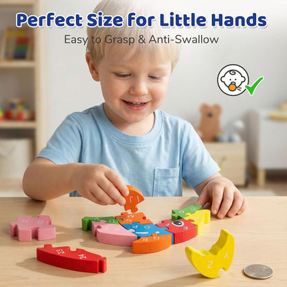 LovesTown Wooden Puzzles for Kids, Double Sided Giraffe Jigsaw with Alphabet & Numbers, Montessori Educational Toy for Toddlers, Chunky Animal Gift