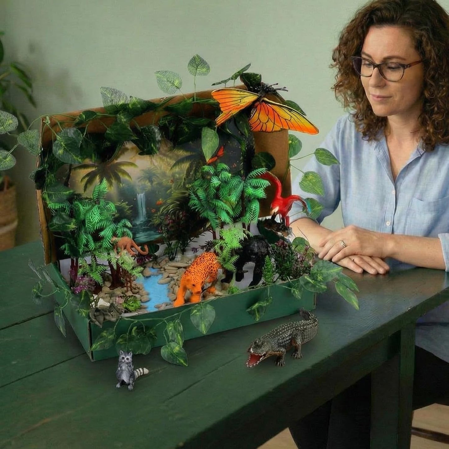 Teyva Daily 48 Pcs Dinosaur Diorama Kit Habitat Project Box Set 3D Dinosaurs Diorama Supplies Include Dinosaurs Model Figures & Eggs Volcano Artificial Trees with Cardboard for DIY Crafts Gifts
