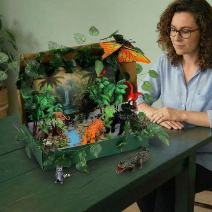 Teyva Daily 48 Pcs Dinosaur Diorama Kit Habitat Project Box Set 3D Dinosaurs Diorama Supplies Include Dinosaurs Model Figures & Eggs Volcano Artificial Trees with Cardboard for DIY Crafts Gifts