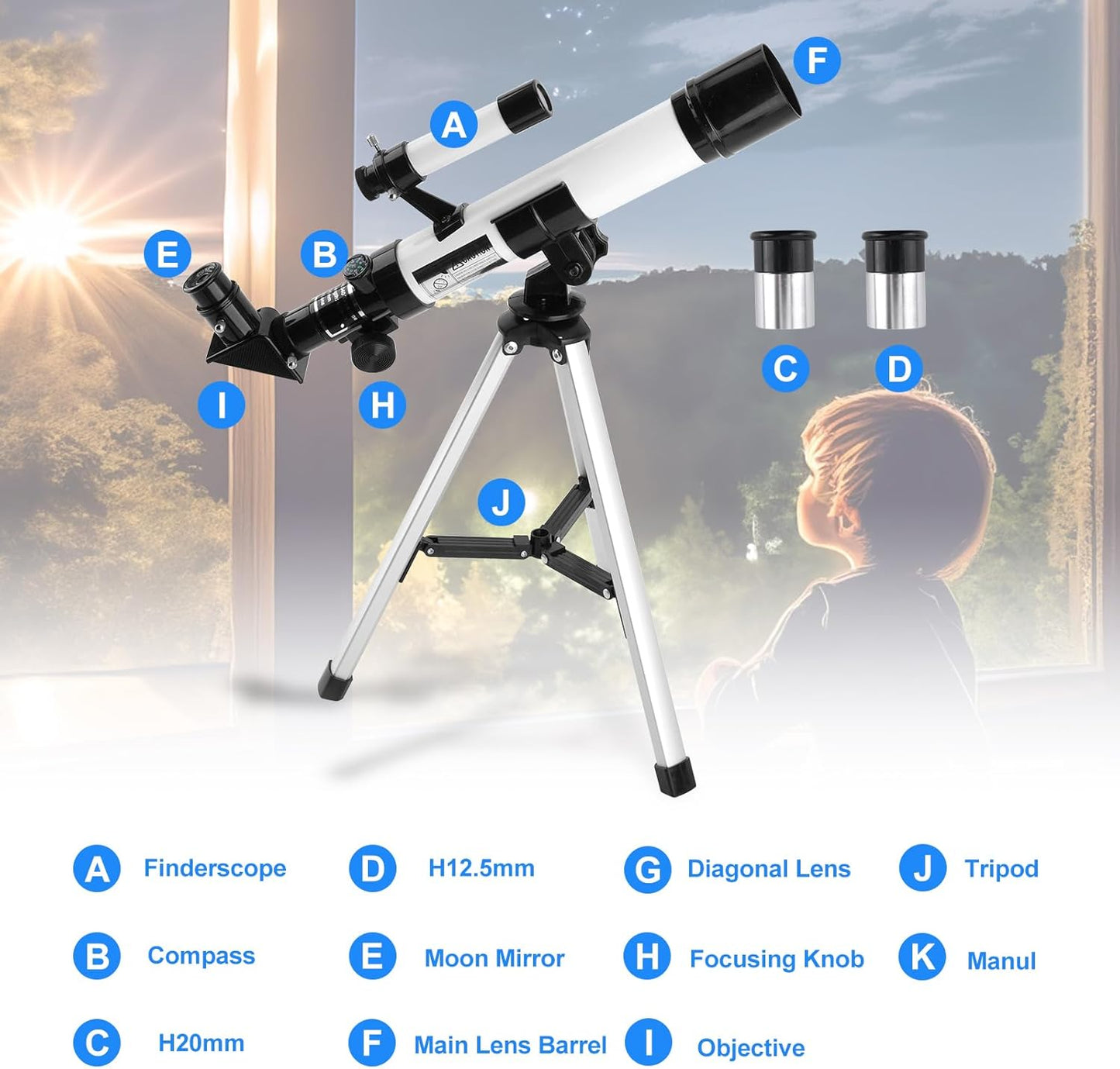 Telescope for Kids & Beginners 40mm Aperture 400mm AZ Mount Astronomical Refracting Telescope with Finder Scope Compass and Tripod