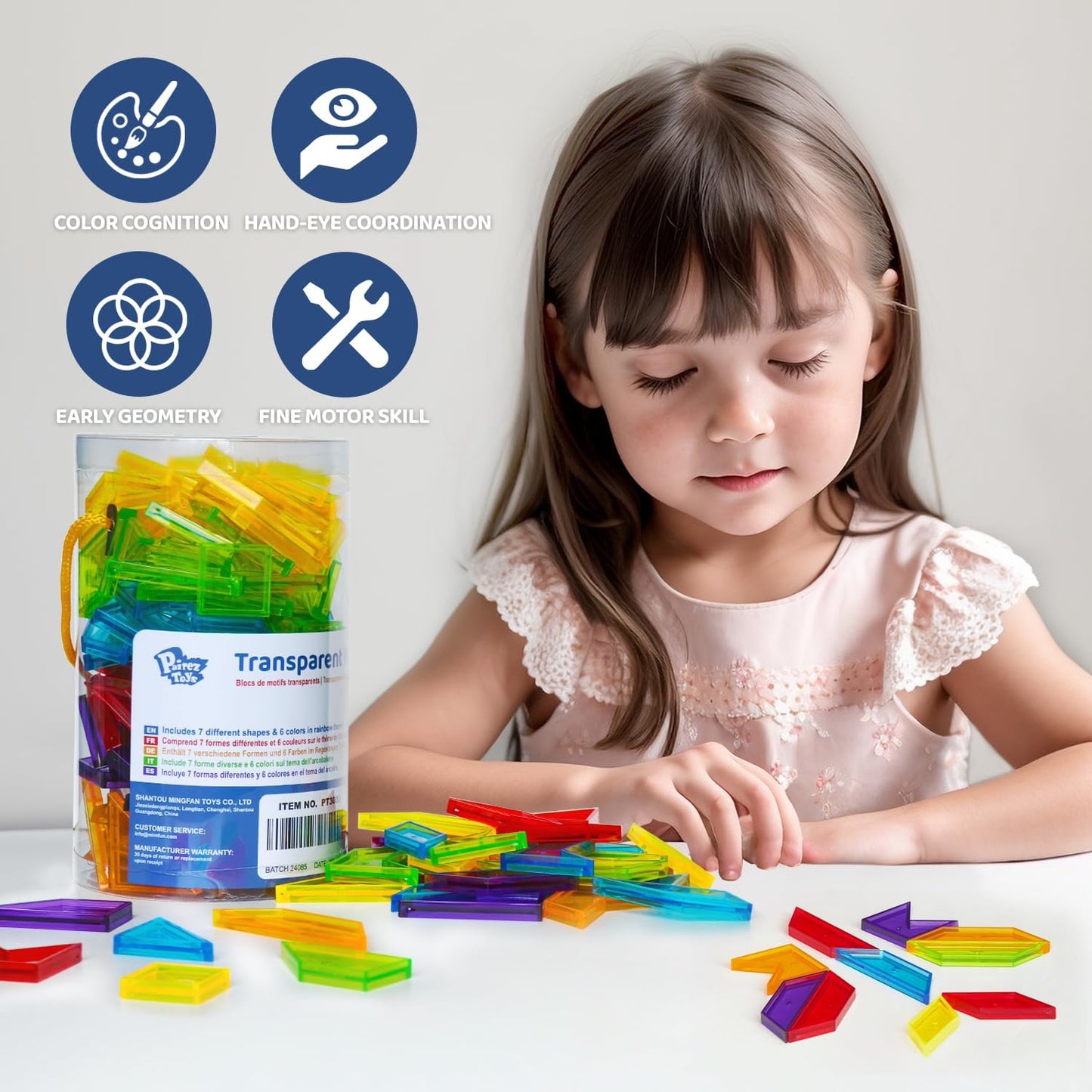 Pairez Toys Transparent Pattern Blocks, 126 Pcs Geometric Shapes Blocks, Tangram Puzzles, Practice Sorting Counting Patterning, Math Manipulatives for Kids, Back to School Supplies, Teacher Supplies