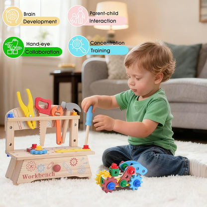 REXBETI Kids Tool Set with Electric Drill, 43Pcs Wooden Toddler Tool Bench with Apron, Educational Montessori Toys for 3 Year Old Boys, Toddler Tool Set, Birthday Gifts for 3 4 5 Year Old Boy Girl