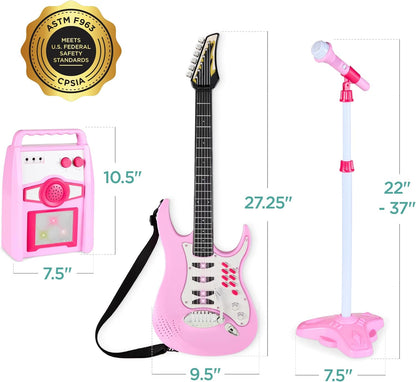 Best Choice Products Kids Electric Guitar Set with Microphone & Amp, Interactive Musical Toy for Boys & Girls, Lights & Sounds, Demo Songs, AUX Input, DIY Stickers - Blue
