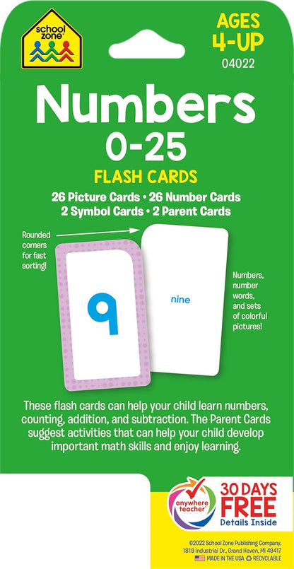 School Zone Numbers 0-25 Flash Cards: Toddler, Preschool, Kindergarten, Learn Math, Addition, Subtraction, Numerical Order, Counting, Problem Solving, Ages 4+, Packaging May Vary