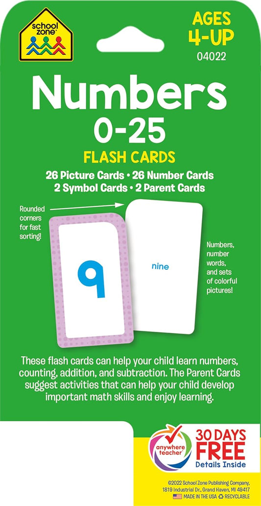 School Zone Numbers 0-25 Flash Cards: Toddler, Preschool, Kindergarten, Learn Math, Addition, Subtraction, Numerical Order, Counting, Problem Solving, Ages 4+, Packaging May Vary