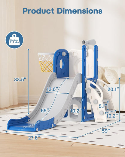 Babytronic Toddler Slide, 6 in 1 Kids Indoor Slide for Toddlers 1-3, Baby Indoor and Outdoor Climber Playset, Kids Slide with Basketball Hoop and Telescope, Toddler Outdoor Playground (Blue&Yellow)
