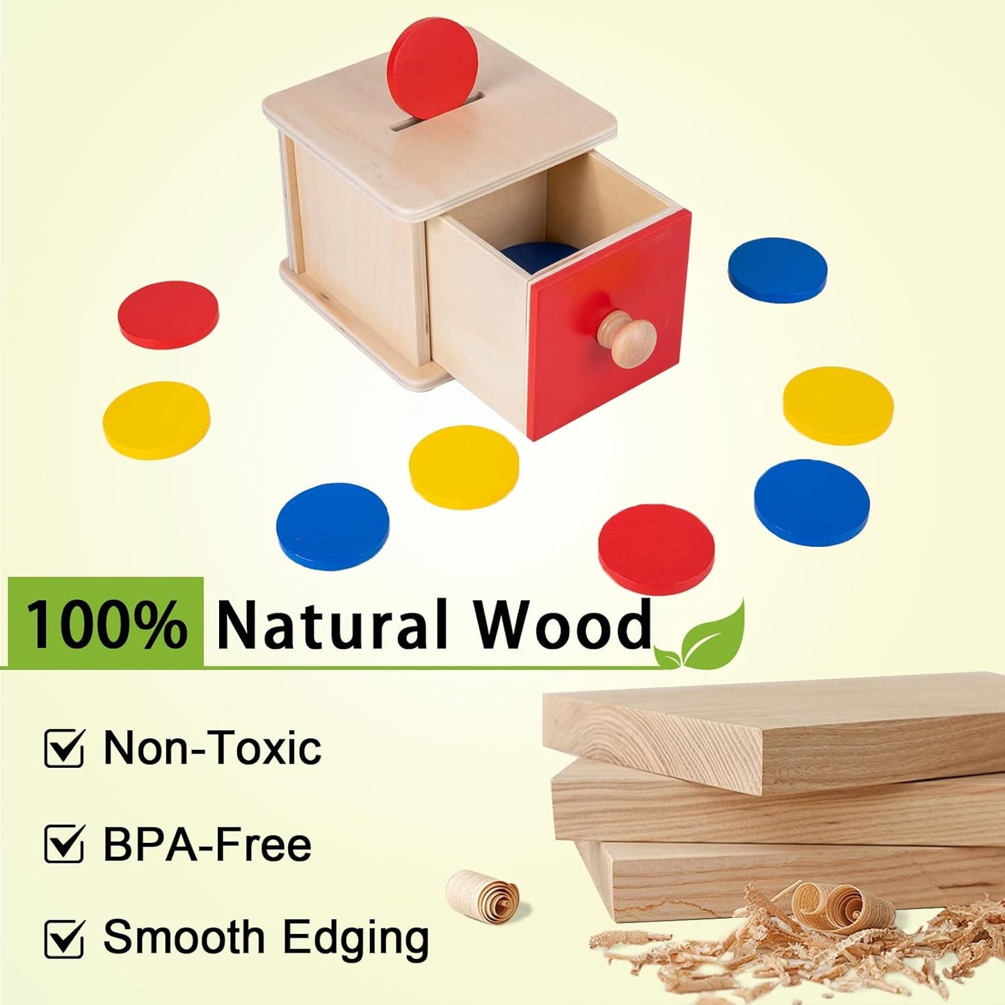 Adena Montessori Coin Box -Natural Wood Double-Sided Object Permanence Box Toy for 1-Year-Old Babies, Wooden Montessori Developmental Toy for 6-12 Month, Early Learning Gift