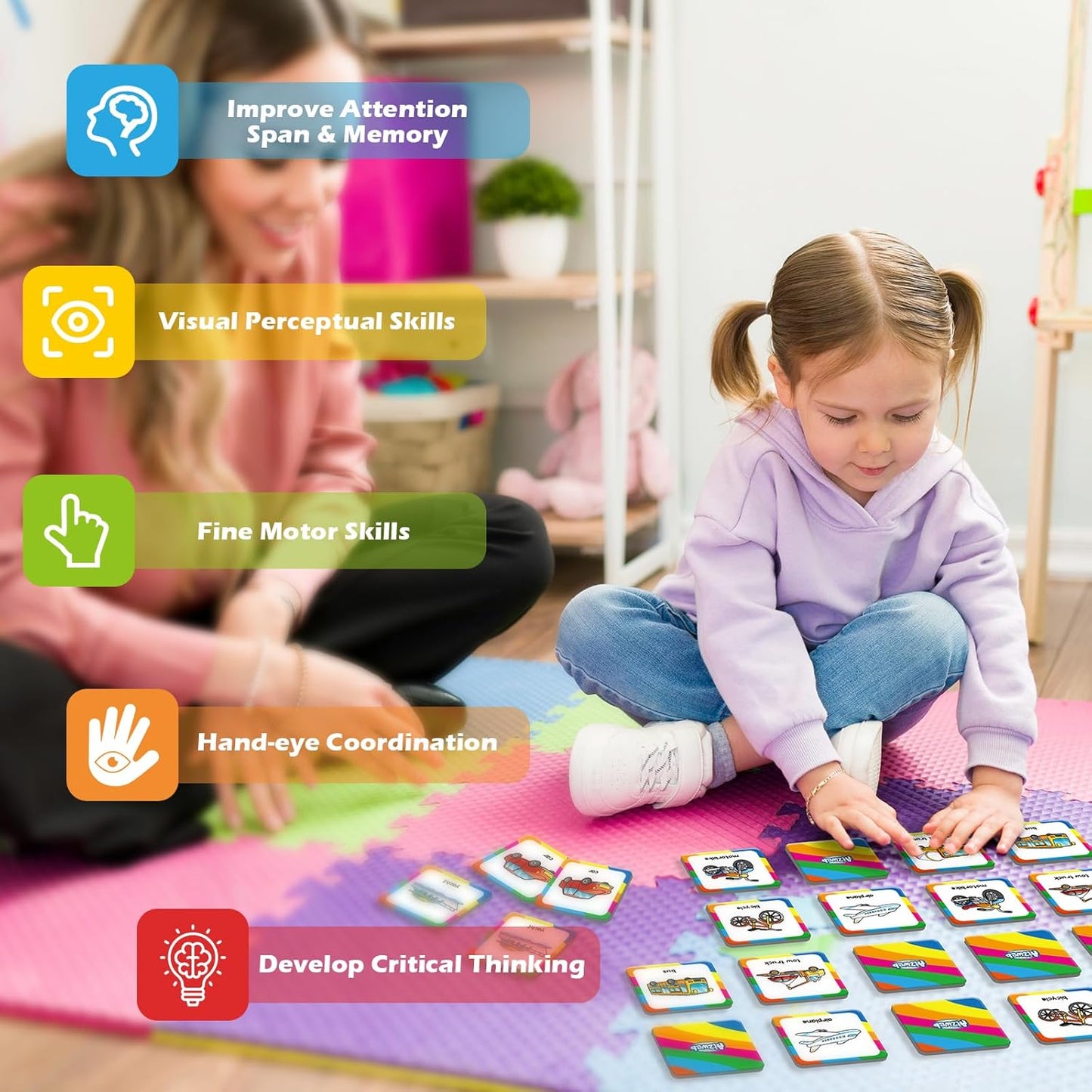 Aizweb CVC Word Match Game - 60 Pc Toddler Card Games for Kids Ages 3-6, Phonics Flash Cards for Preschool & Kindergarten Learning Activities, Educational Toys for Home School Supplies
