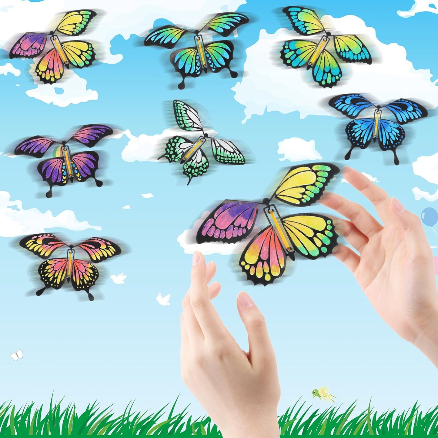 Seenelling 44 Pcs Flying Butterfly Craft Kit with 32 Wind up Butterflies and 12 Color Pens People Painting White Paper Butterflies DIY Toy for Party Game School Activity Birthday Gift (Style 3)