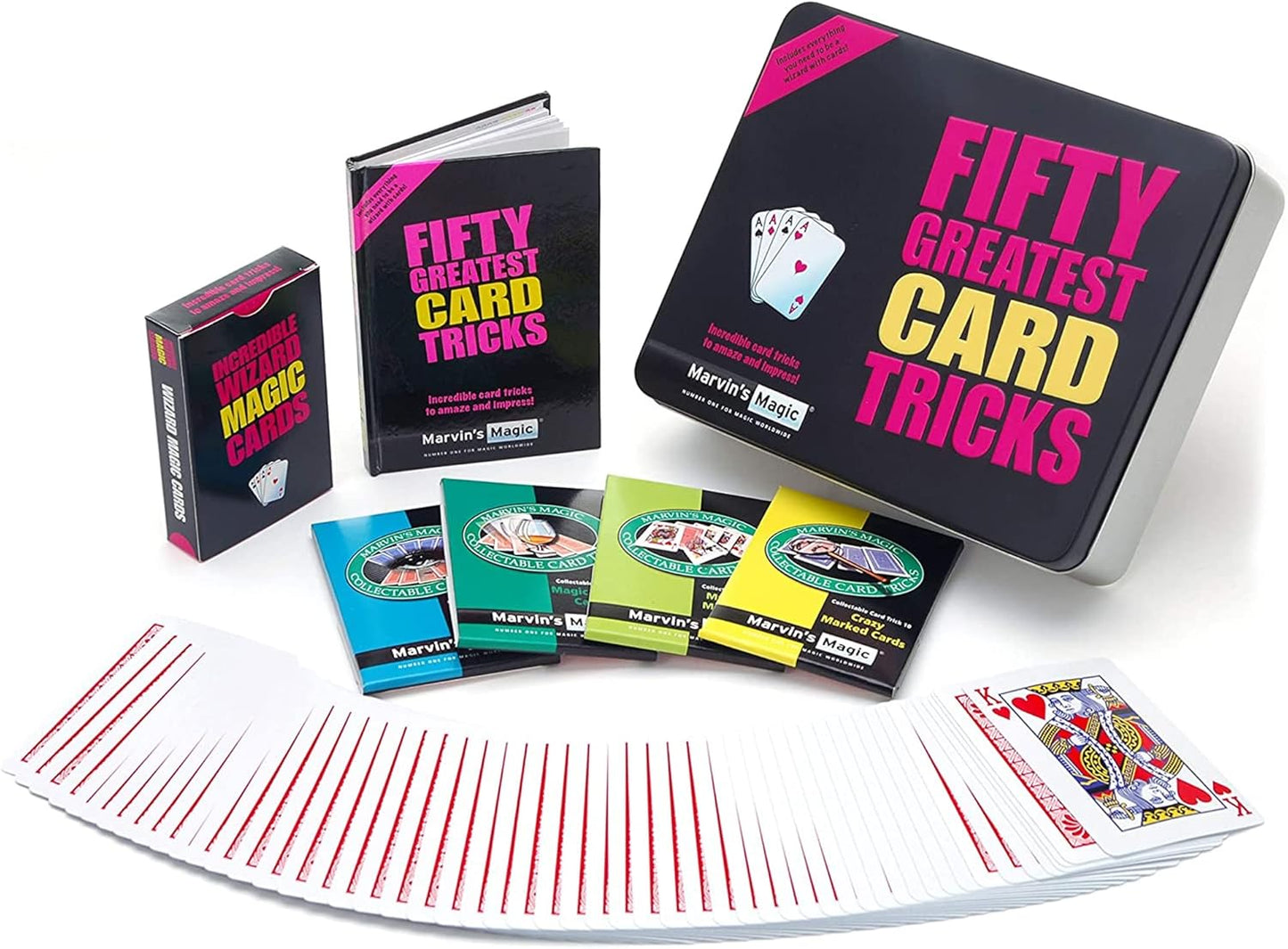 Marvin's Magic - Fifty Greatest Card Tricks Set - Children & Adults Magic Card Deck - Includes Card Illusions, Close up and Mind Reading Tricks - Comes in Gift Set Tin - Suitable for +8 - Cool Stuff