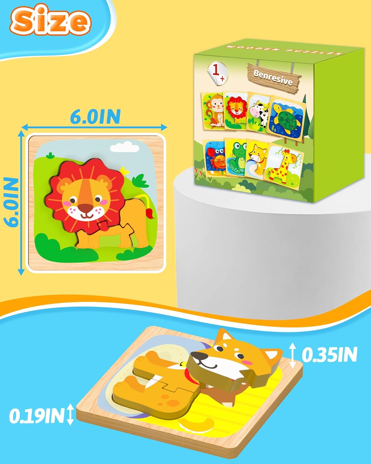 Benresive Wooden Toddler Puzzles, 6pcs Animal Montessori Toys for 1-3 Year Old Boys & Girls, Learning Educational Preschool Toys, Great Gifts for 1 2 3 Year Olds