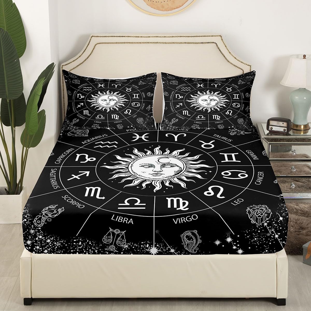 Manfei Musical Kids Fitted Sheet Full Size, MusicalGuitar Radio Drum Kit Headset Print Bedding Set 3pcs for Boys Girls, Rock Music Bed Cover with 2 Pillowcases, Soft Polyester Bedding, No Top Sheet