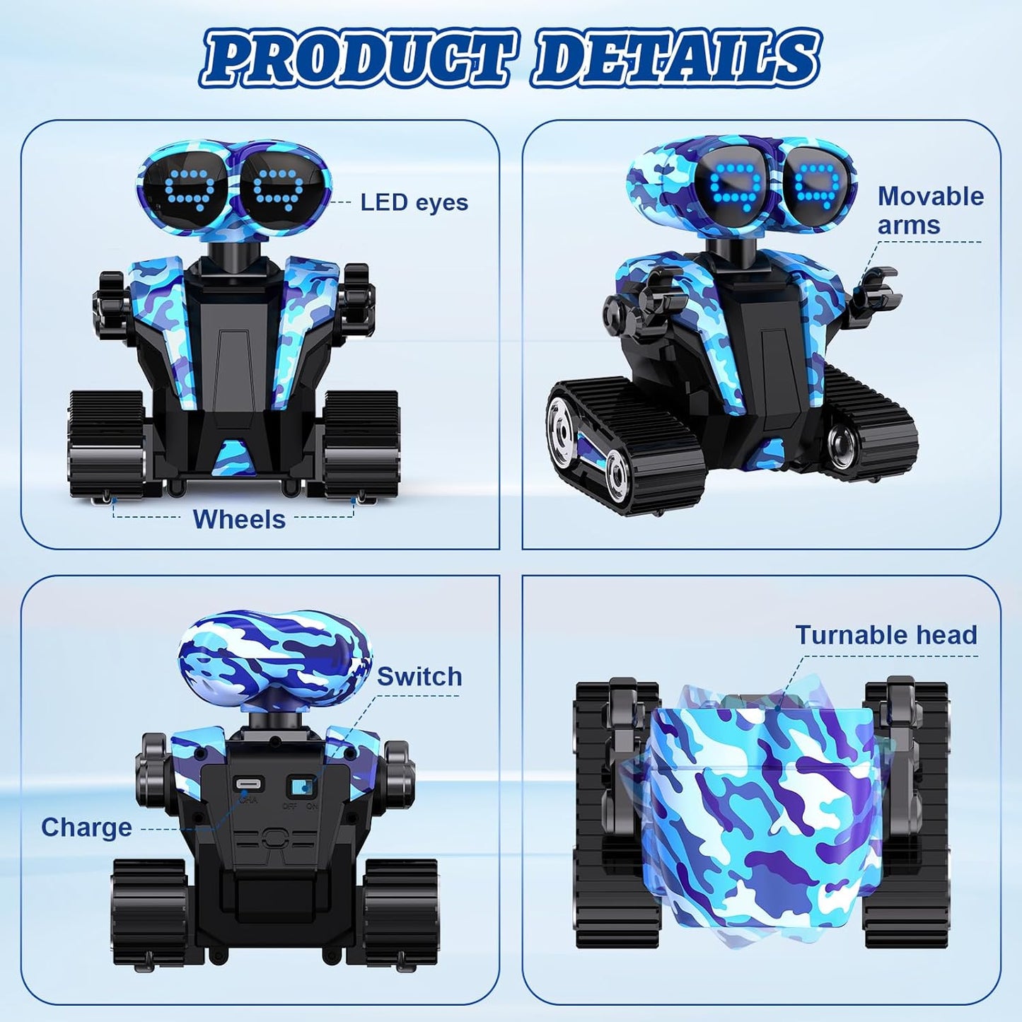MindPal Robot Toys Rechargeable RC Robots for Kids with LED Eyes Auto-Demonstration Dance & Sing Remote Control Emo Robots for Boys Girls, Camouflage Blue
