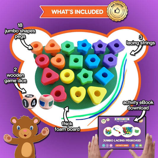 Jumbo Stacking Shapes Pegboard Set for Kids with 18 Pegs, 2 Wooden Dice, Lacing String & Storage Box (Standard Rainbow Colors)