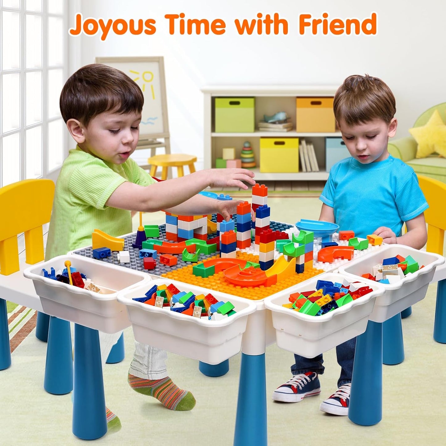 arscniek Toddlers Activity Table 7 in 1 Kids Activity Tables and 4 Chairs with 152Pcs Large Marble Run Building Blocks, Sand/Water Tables, Kids Learning Play Table Toys for Girls Boys Toddler Age 3-7