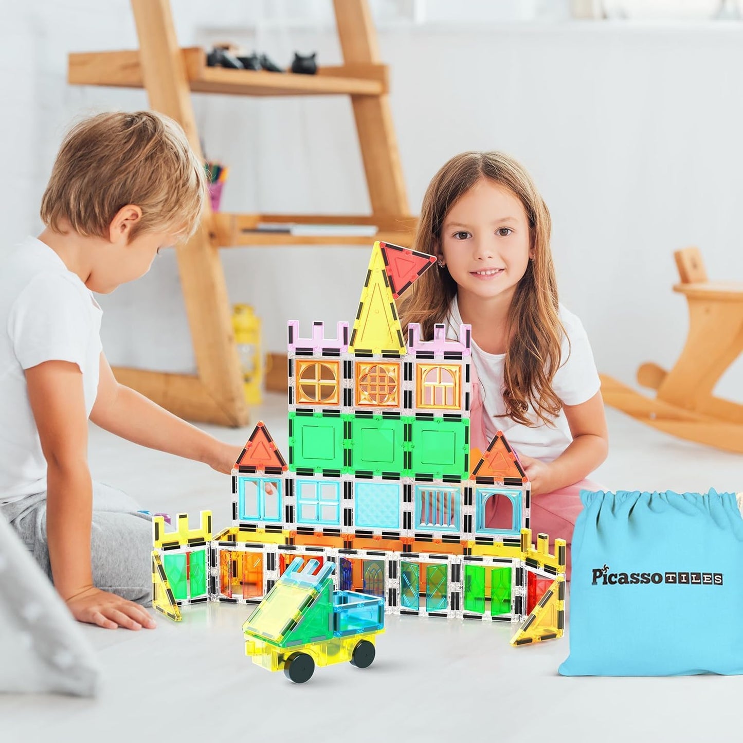 PicassoTiles 101 Piece Magnetic Tile Building Blocks Set with Durable Storage Bag STEM Educational Construction Magnet Toy Kit for Toddlers Preschool Kids Boys Girls Age 3 Plus Indoor Learning PT06