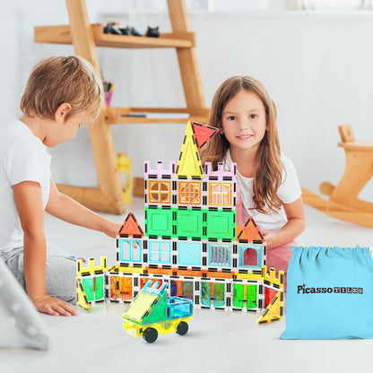 PicassoTiles 101 Piece Magnetic Tile Building Blocks Set with Durable Storage Bag STEM Educational Construction Magnet Toy Kit for Toddlers Preschool Kids Boys Girls Age 3 Plus Indoor Learning PT06