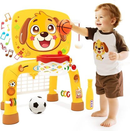Toys for 1 Year Old Boy - Toddler Basketball Hoop & Soccer Goal & Baseball Activity Center with Light Sound Music, Puppy Montessori Sports Toy, Christmas Birthday Gift for Baby 12-18 Months, Yellow