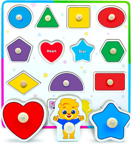 Lucas & Friends Wooden Toys, Peg Puzzle Toddler Toys, Educational Wooden Puzzles for Montessori and Preschool Kids, Shapes Puzzle Board for Ages 3 4 5 6 Years Old Boys and Girls As Gifts