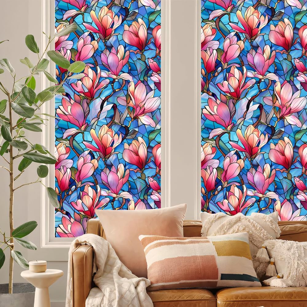 JOONOR Privacy Window Film Stained Glass Window Sticker Non-Adhesive Frosted Glass Film Decorative Magnolia Flower Pattern Static Cling Decals for Home UV Blocking/Heat Insulation 17.7 x 39.4 Inch