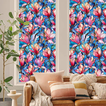 JOONOR Privacy Window Film Stained Glass Window Sticker Non-Adhesive Frosted Glass Film Decorative Magnolia Flower Pattern Static Cling Decals for Home UV Blocking/Heat Insulation 17.7 x 39.4 Inch
