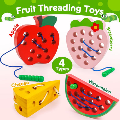 Lacing Toys for Toddlers,Wooden Threading Apple Baby Travel Toys,Montessori Education Sensory Learning Fine Motor Skills, Wooden Block Puzzle Gifts for 3 Year Old Baby Kids Boys Girls