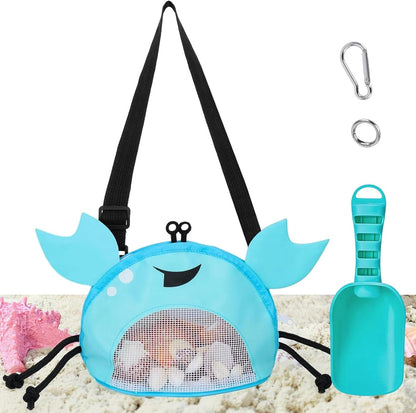 AMOR PRESENT Mesh Baby Beach Bag, Shell Collecting Bag with Shovel Crab-Shaped Adjustable Strap for Holding Shell Sea Pool Sand Toy, Blue