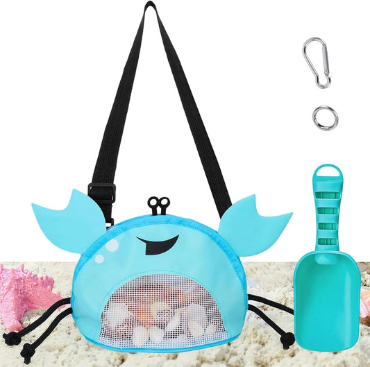 AMOR PRESENT Mesh Baby Beach Bag, Shell Collecting Bag with Shovel Crab-Shaped Adjustable Strap for Holding Shell Sea Pool Sand Toy, Blue
