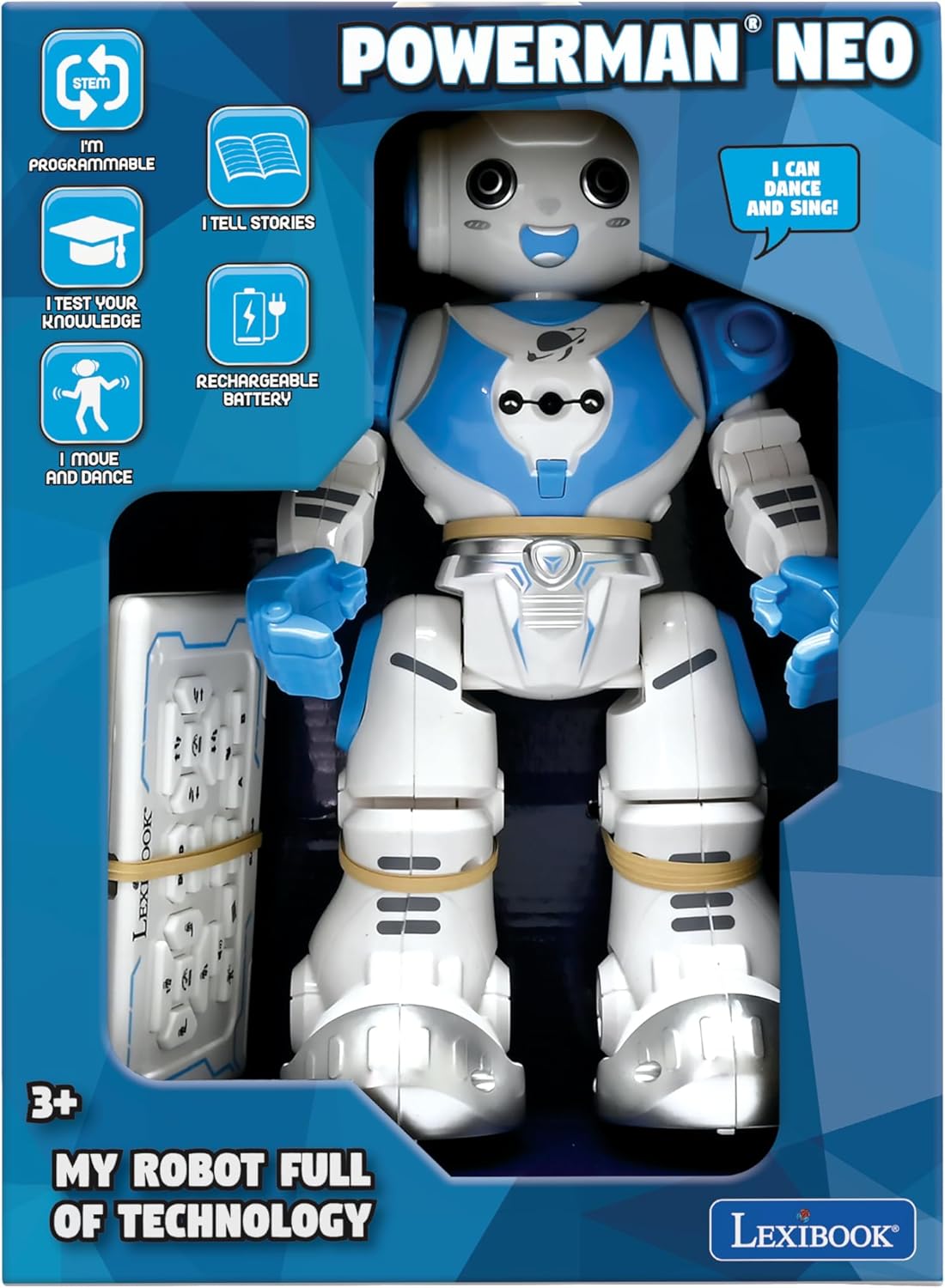 LEXiBOOK, Powerman Neo, My Robot Full of Technology, Remote Control and Gesture Control, Educational Activities in English, Programmable, Music and Dance, Sound and Light Effects, Blue/White, ROB18EN