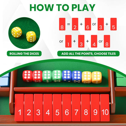 Shut The Box Dice Game for 2-4 Players, Wooden Board Tabletop Math and Strategy Game with 8 Dice and Velvet Storage Bag, Classic Family Board Game for Home, Party or Pub, Brown