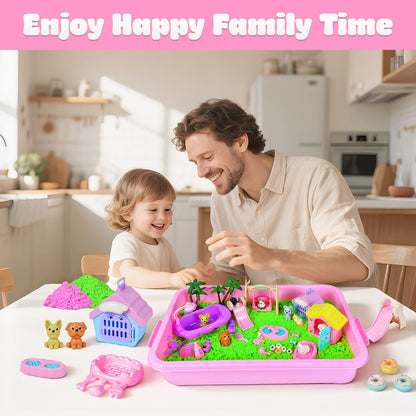 SMILESSKIDDO Sensory Bin - Cat and Dog Play Sand Kit with Green and Red Magic Sand, Pet Sensory Box, Role Pretend Play Beach Toy Birthday Present for Toddler Ages 3 4 5 6 7 8