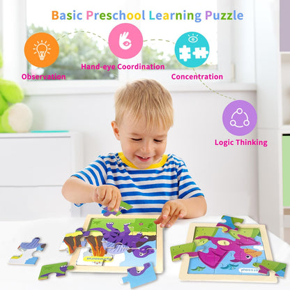 Wooden Puzzles for Toddlers 2-4, 9 Pieces Animal Jigsaw Puzzles for Kids Ages 3-5, Preschool Learning Activities, Learning & Educational Toys, Gifts for Boys, Girls