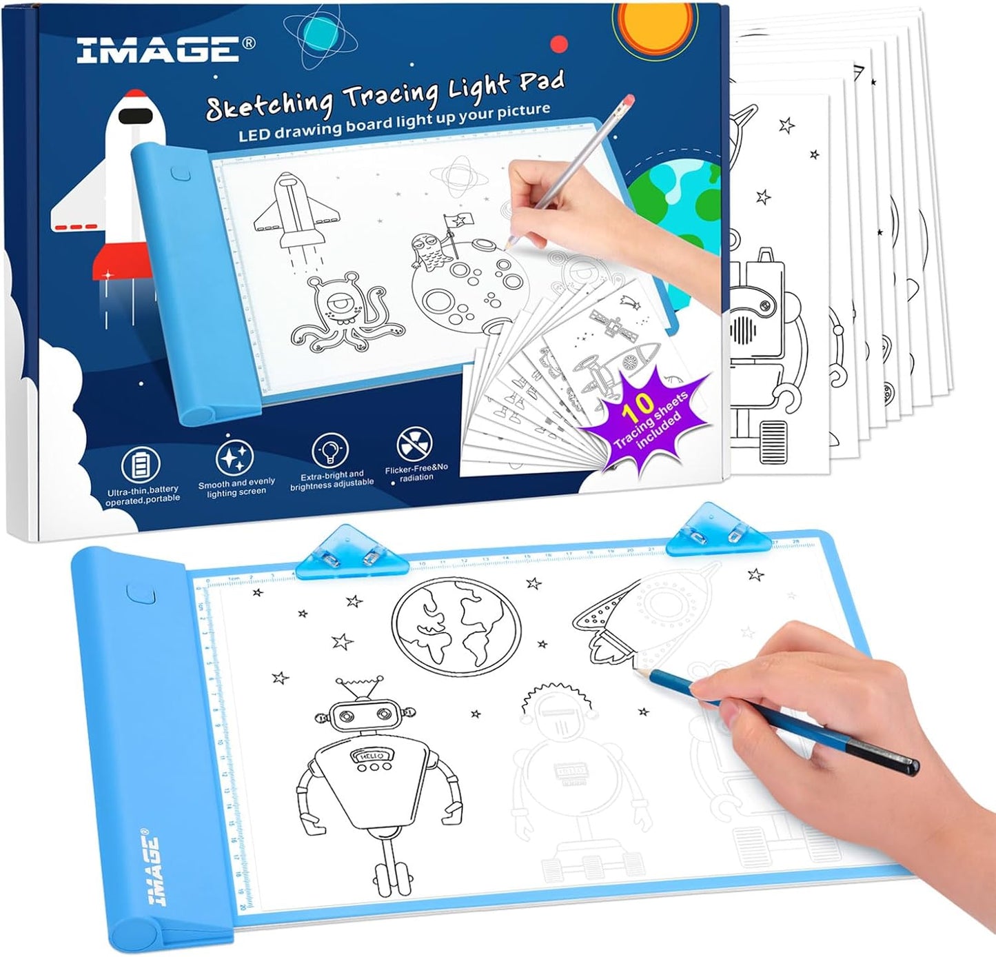 IMAGE Light Up Tracing Pad for Kids Drawing Tablet Board Children Portable Art Christmas Gift for Boys Girls Ages 6+ (Includes 10 Traceable Sheets and Two Clips), Durable & Fun Creative Toy(Blue)