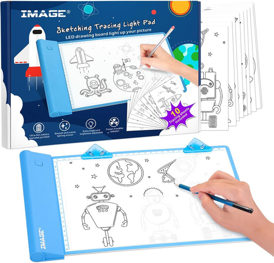 IMAGE Light Up Tracing Pad for Kids Drawing Tablet Board Children Portable Art Christmas Gift for Boys Girls Ages 6+ (Includes 10 Traceable Sheets and Two Clips), Durable & Fun Creative Toy(Blue)
