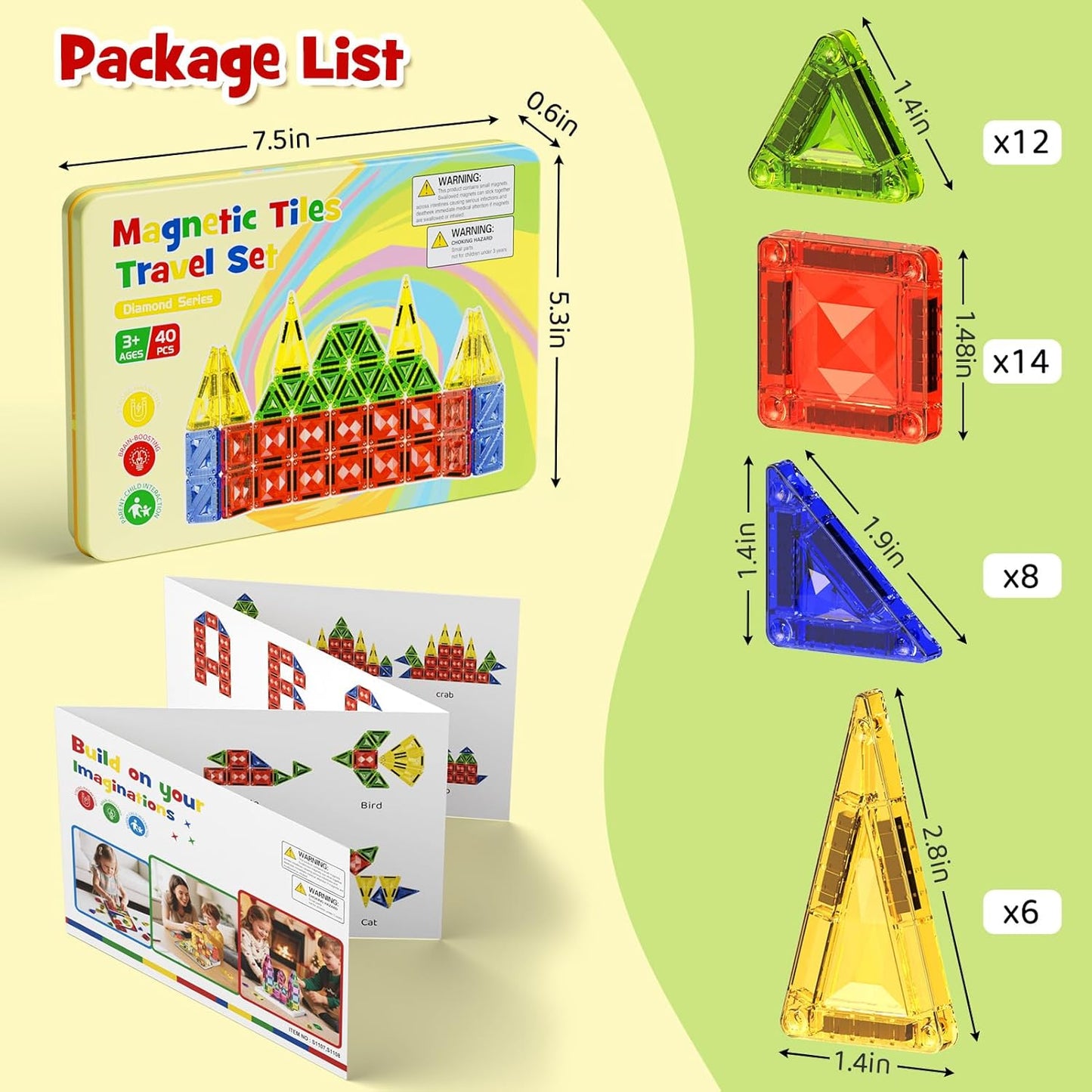 Magnetic Tiles for Kids Ages 4-8, Magnetic Blocks Travel Set with Diamond Surface & Metal Storage Box, 60PCS STEM Learning Toys, Educational Building Gifts for 3-8 Year Olds