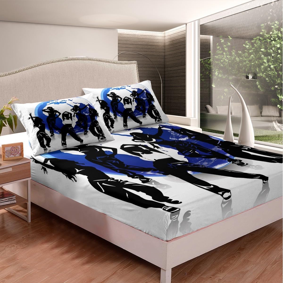 Manfei Musical Kids Fitted Sheet Full Size, MusicalGuitar Radio Drum Kit Headset Print Bedding Set 3pcs for Boys Girls, Rock Music Bed Cover with 2 Pillowcases, Soft Polyester Bedding, No Top Sheet