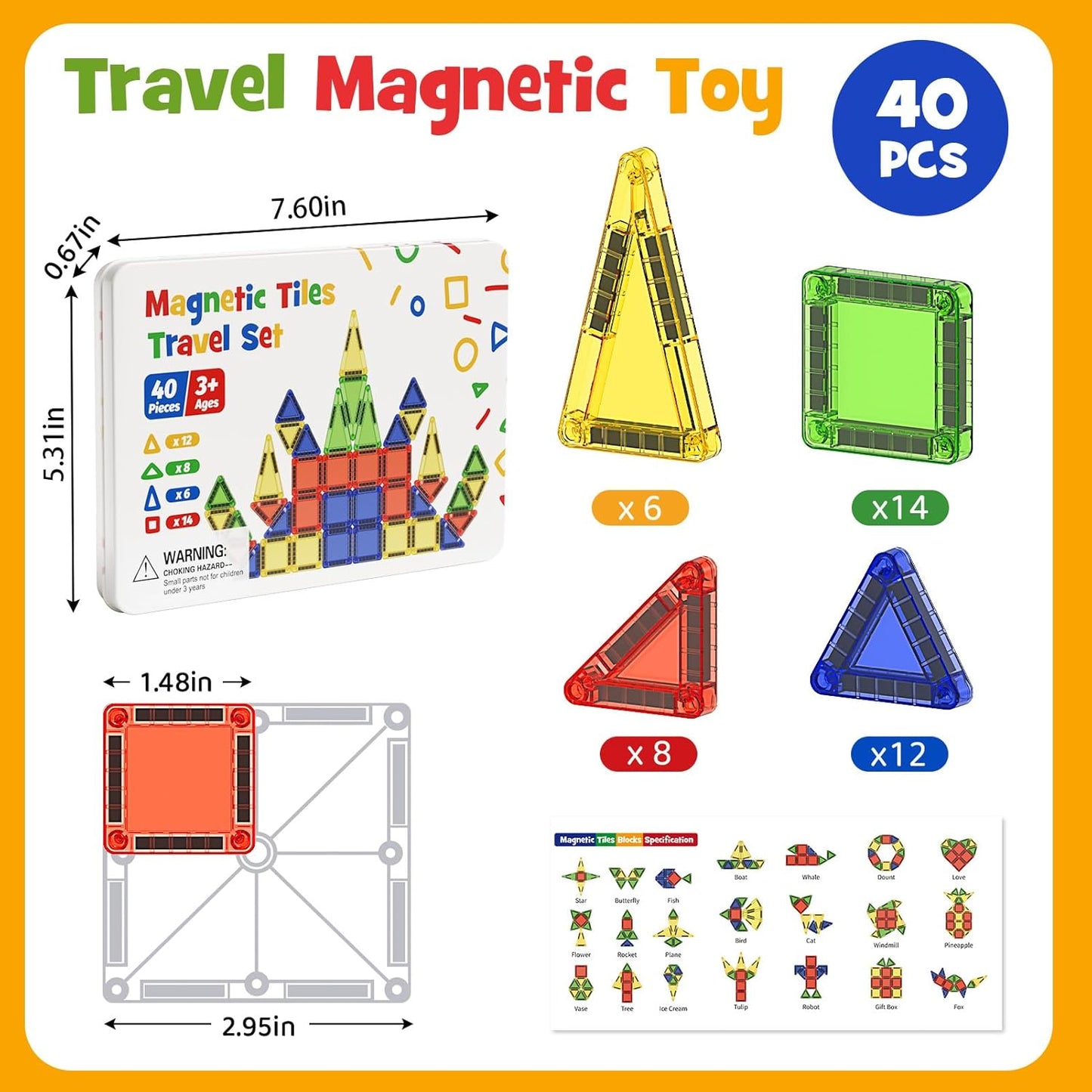 Magnetic Tiles for Kids Ages 4-8, Magnetic Blocks Travel Set with Diamond Surface & Metal Storage Box, 60PCS STEM Learning Toys, Educational Building Gifts for 3-8 Year Olds