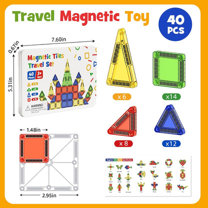 Magnetic Tiles for Kids Ages 4-8, Magnetic Blocks Travel Set with Diamond Surface & Metal Storage Box, 60PCS STEM Learning Toys, Educational Building Gifts for 3-8 Year Olds