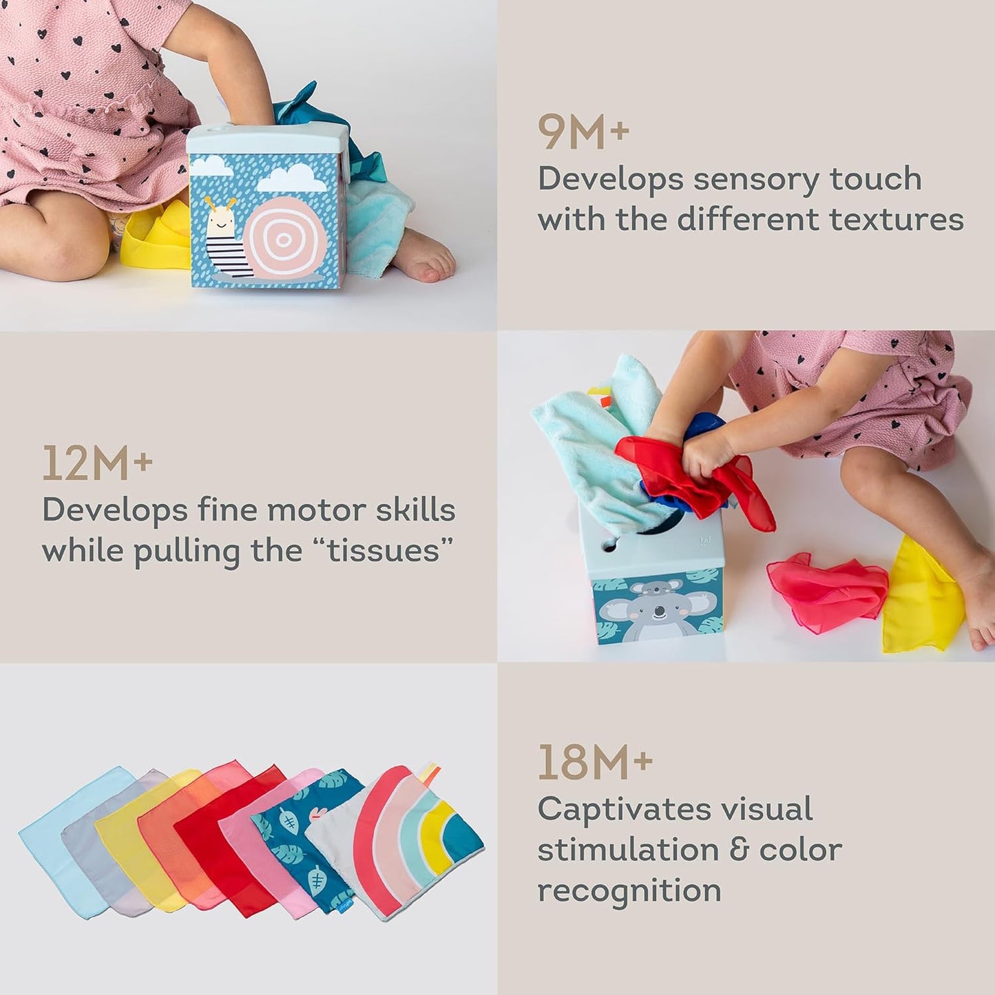 Taf Toys Baby Tissue Box Toy Silicone Baby Toys 6-12 Months Montessori Toys Sensory Activity & 10 Tissues for Fine Motor Development Soft Interactive Silicone Learning Cube for 1 Year Old Toddlers