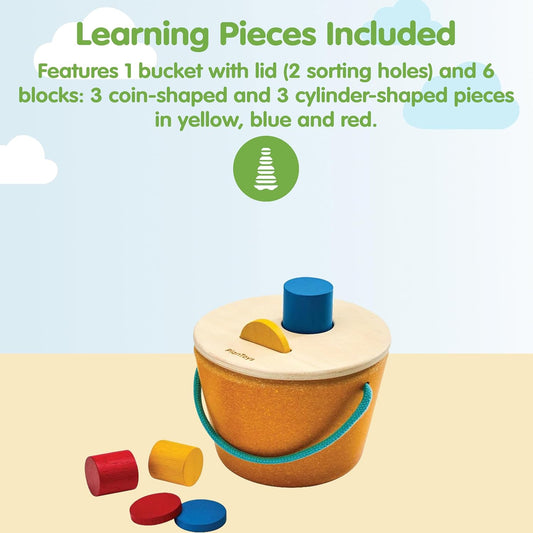 PlanToys® Geo Sorting Bucket | Wooden Shape Matching Toy for Toddlers 12M+ | Montessori Educational Sorting Toy with 3D Blocks | Develops Shape Recognition, Problem-Solving & Fine Motor Skills