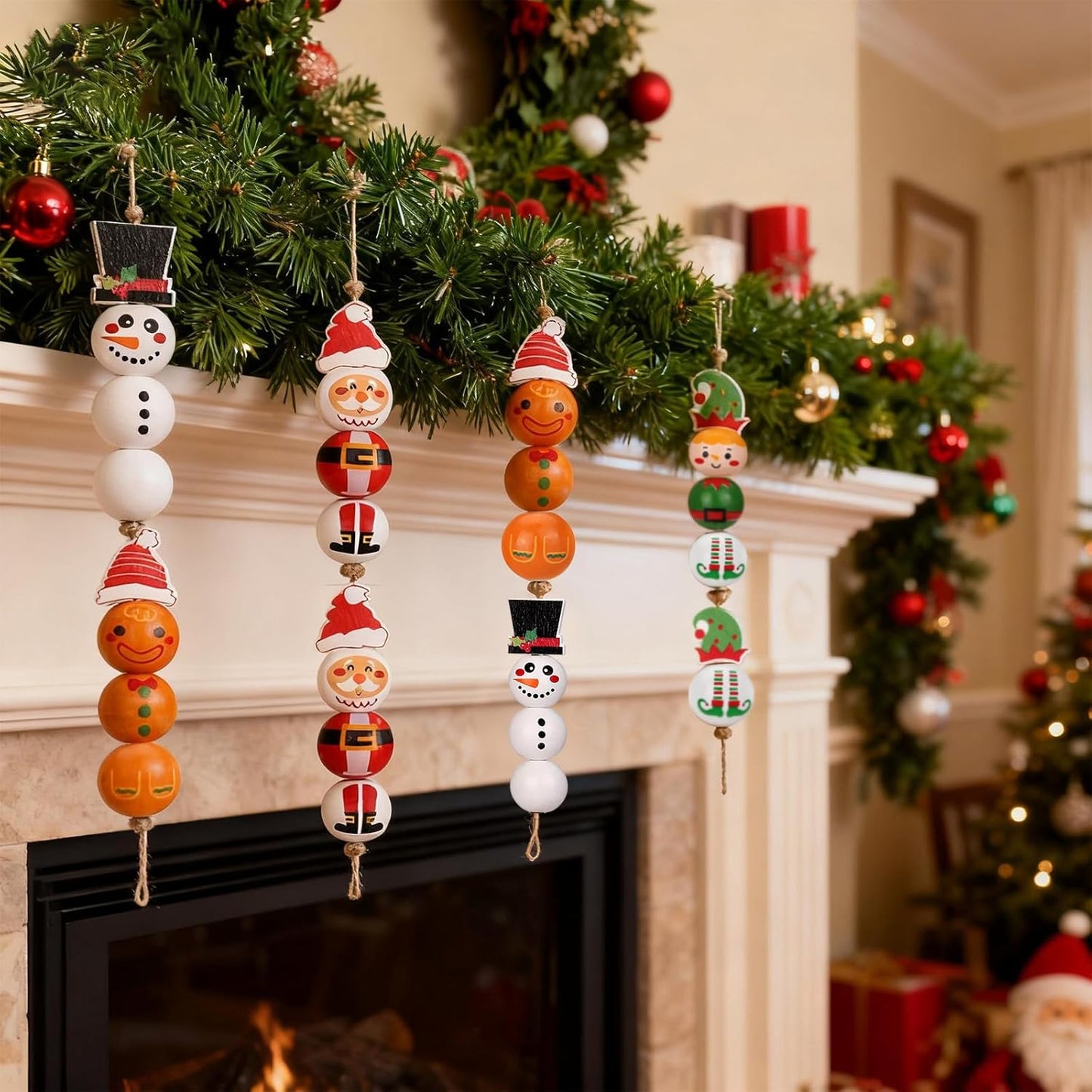 Christmas Wood Beads for Crafts DIY Ornaments,144 Pcs Premium Wooden Beads Garland with Twine, Santa, Snowman Elf Charms - Adult Kids Craft Kits for Xmas Decor, Holiday Party Supplies