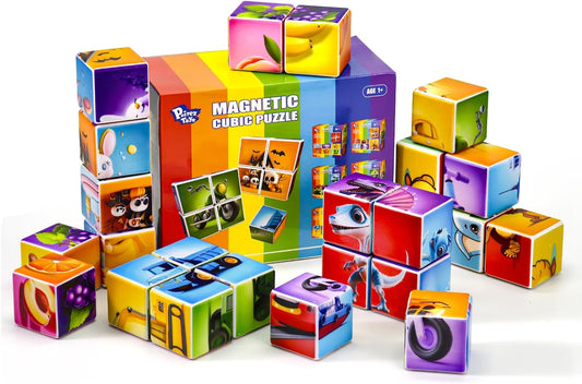 Pairez Toys Random 4 Sets of Magnetic Blocks for Toddlers, 4 Packs Total 16 PCS & 24 Patterns, Magnetic Puzzles for Kids 1-3, Preschool Learning Classroom Must Haves Puzzle Toys