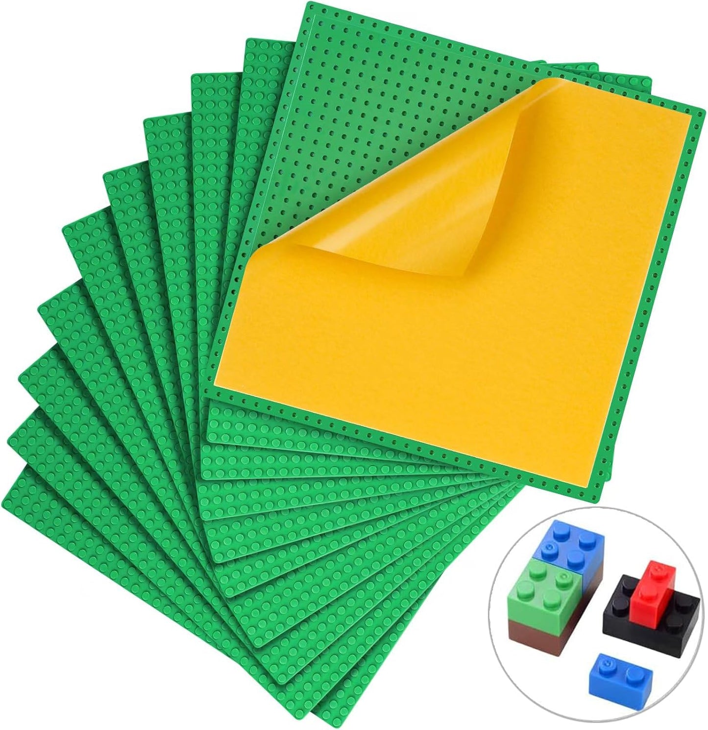 MIMAX Peel-and-Stick Baseplates 10PCS (10"x10"), Toy Building Brick Blocks Base Plates, Self Adhesive Baseplate for All Major Brands, Build On Table Wall (Black & White & Blue & Green & Light Gray)