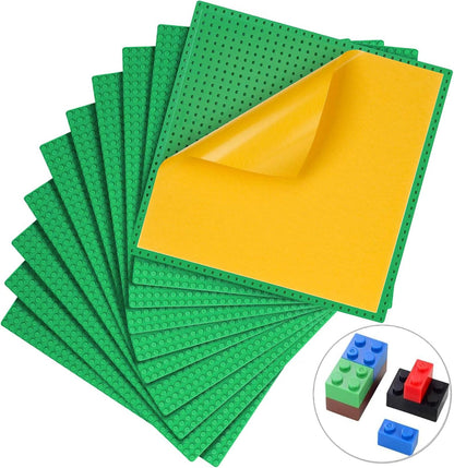 MIMAX Peel-and-Stick Baseplates 10PCS (10"x10"), Toy Building Brick Blocks Base Plates, Self Adhesive Baseplate for All Major Brands, Build On Table Wall (Black & White & Blue & Green & Light Gray)