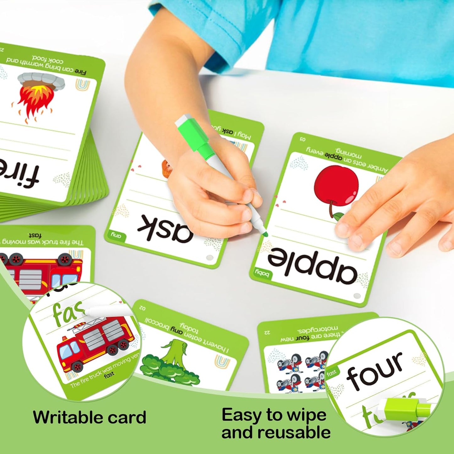 WJPC 55 Cards, 106PCS High Frequency First-Grade Sight Words Flash Cards, 1st Grade Phonics Learning Cards for 5,6,7,8 Years Ages Kids Boys, Girls Learn to Read, Write, Association, Sentence Making