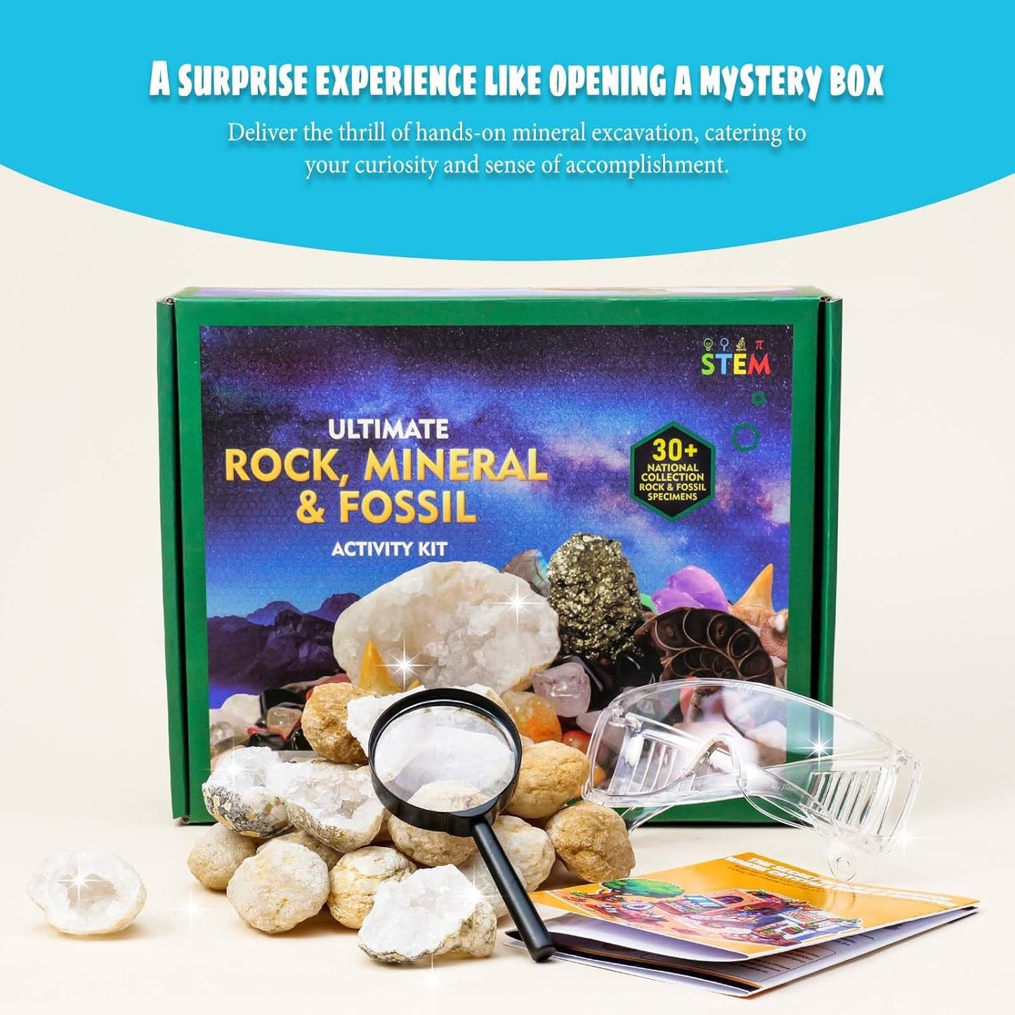 Runyangshi 25 Pcs Morocco Geode Break Your Own Kit - 1.18-1.57 in Natural Geodes with Magnifying Glass, Safety Goggles, Velvet Bag, Instruction Guide, STEM Science Kit for Rock Enthusiasts